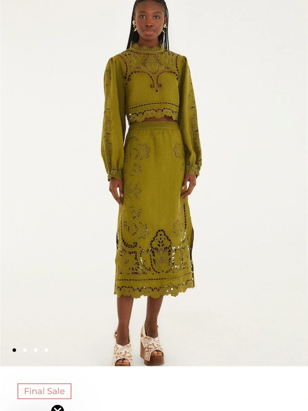 FARM Rio 100% Linen Olive Green Cutwork Midi Skirt - Picture 10 of 10